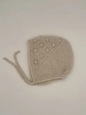 6-9 M Cream Mohair and Cashmere Blend Bobble Knit Baby Bonnet with tie