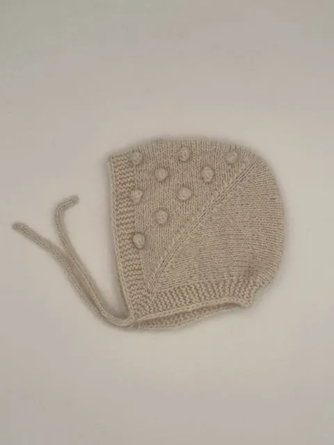 6-9 M Cream Mohair and Cashmere Blend Bobble Knit Baby Bonnet with tie