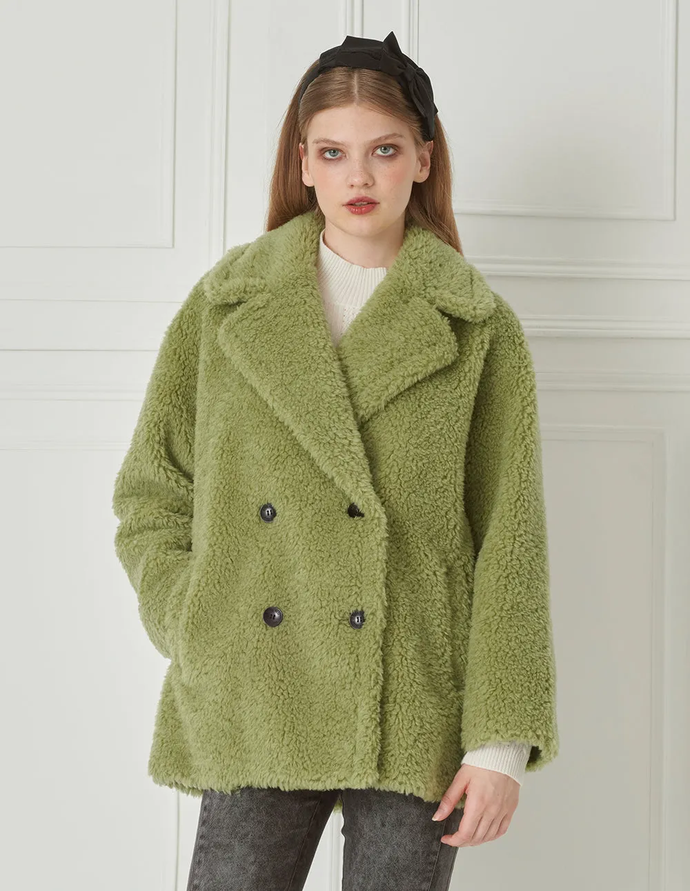 BORA AKSU Lapel A Line Silhouette Vanilla Green Plush Coat