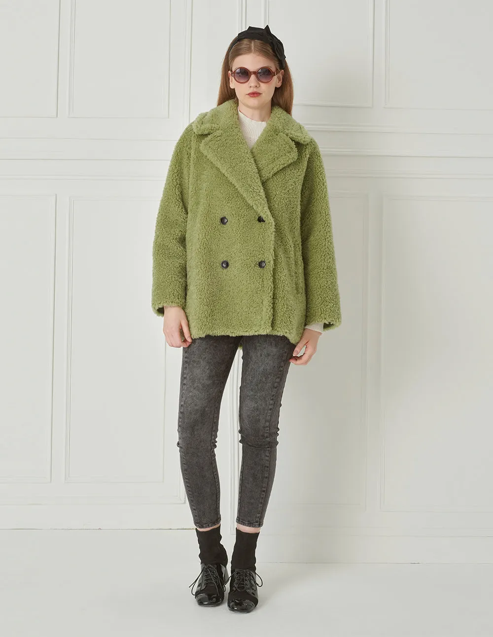 BORA AKSU Lapel A Line Silhouette Vanilla Green Plush Coat