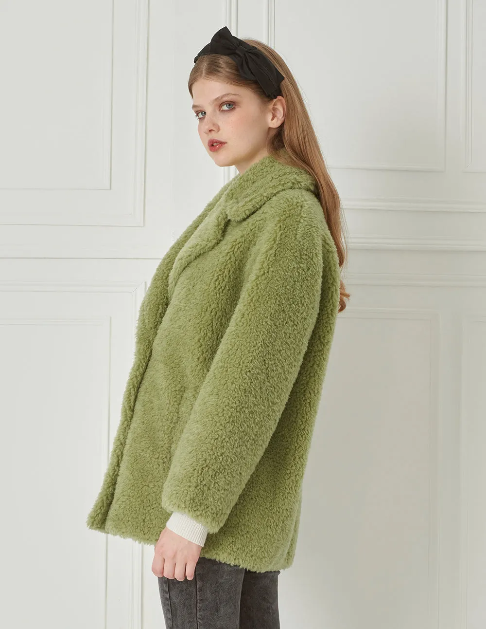 BORA AKSU Lapel A Line Silhouette Vanilla Green Plush Coat
