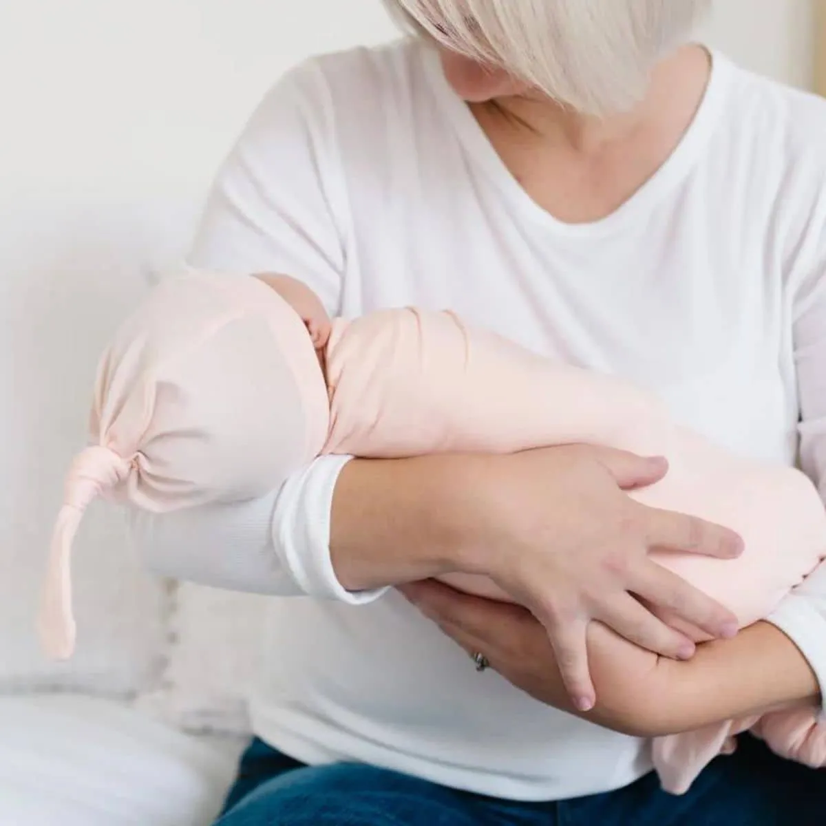 Copper Pearl Newborn Top Knot Hat - Blush