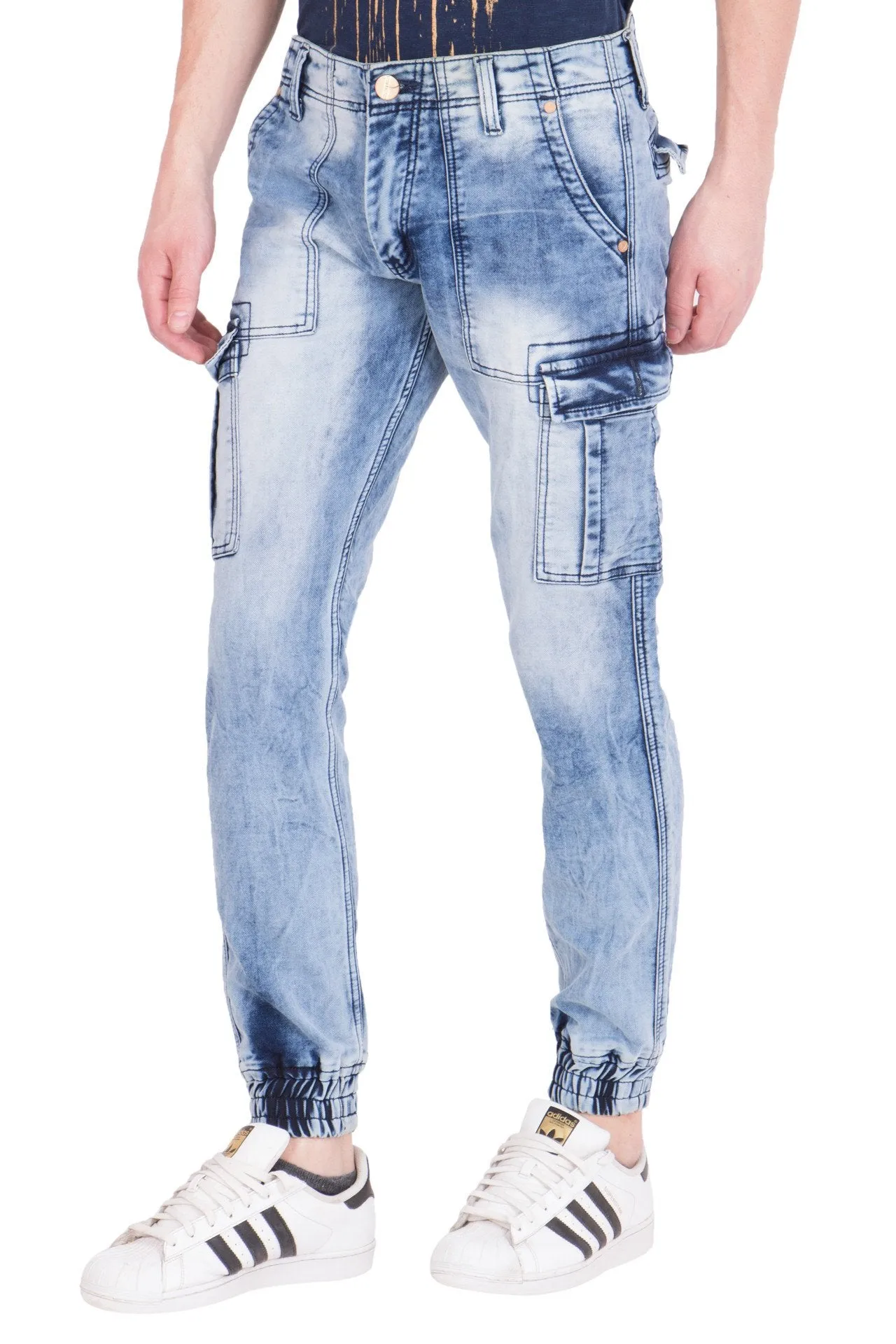 KROSSSTITCH Men's Faded Cloud Wash Blue Original Cargo Denim Jeans