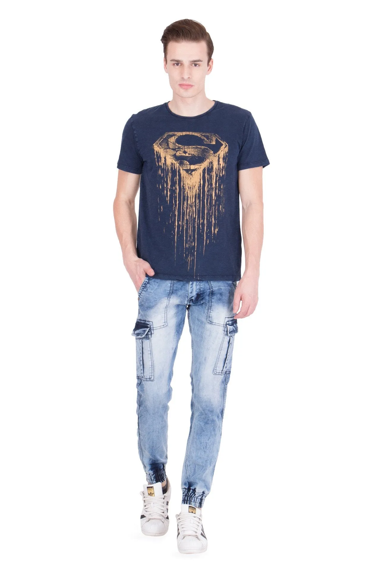 KROSSSTITCH Men's Faded Cloud Wash Blue Original Cargo Denim Jeans