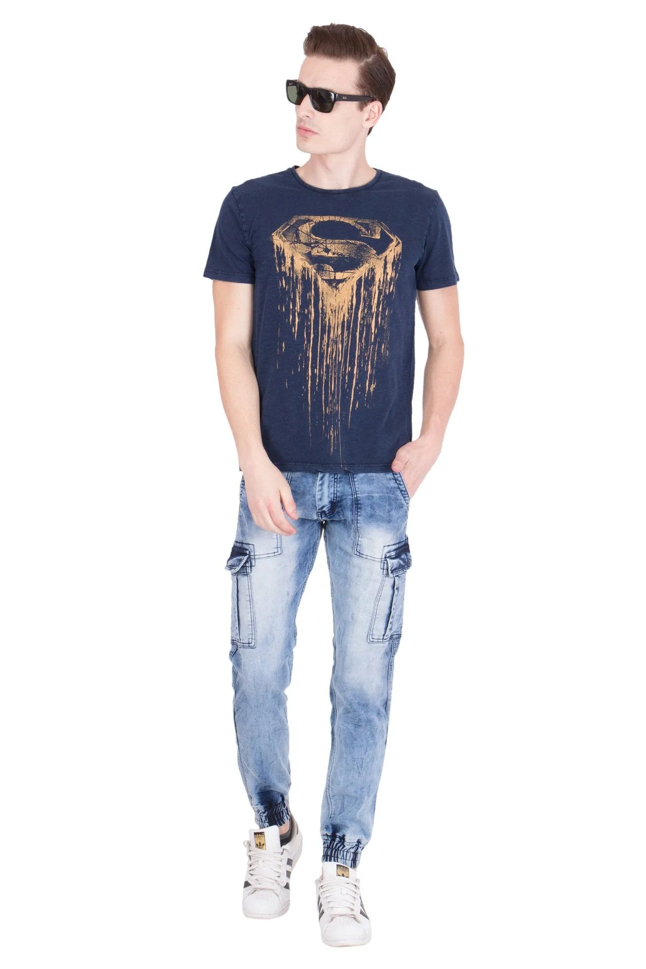 KROSSSTITCH Men's Faded Cloud Wash Blue Original Cargo Denim Jeans