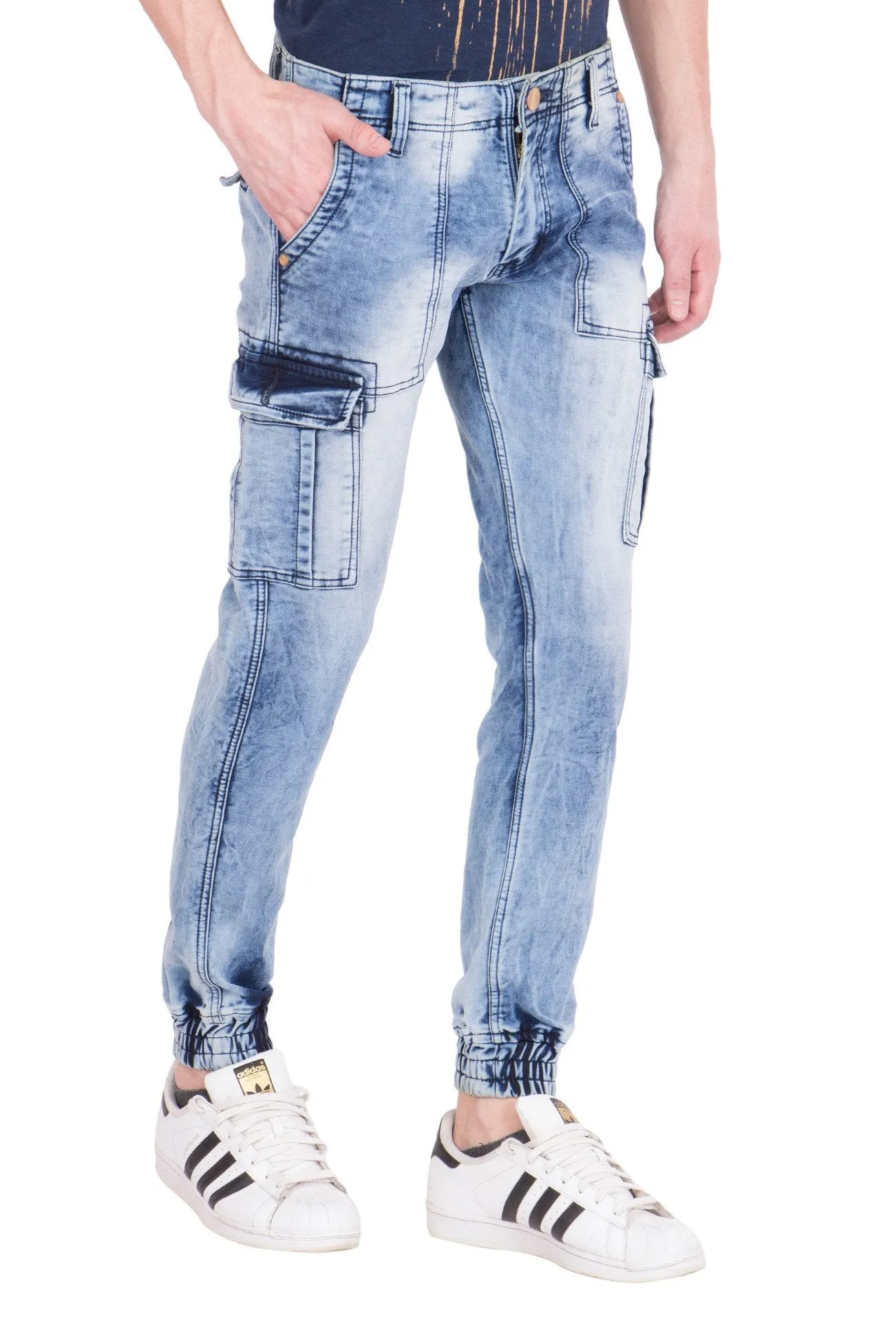 KROSSSTITCH Men's Faded Cloud Wash Blue Original Cargo Denim Jeans