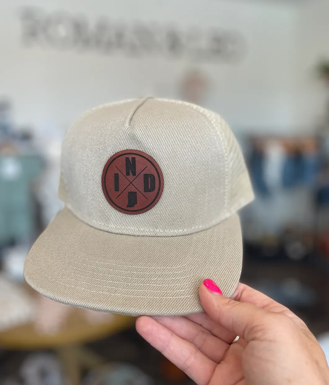 Left Grain - Indiana Patch Mesh Trucker Snapback Hat in Sand