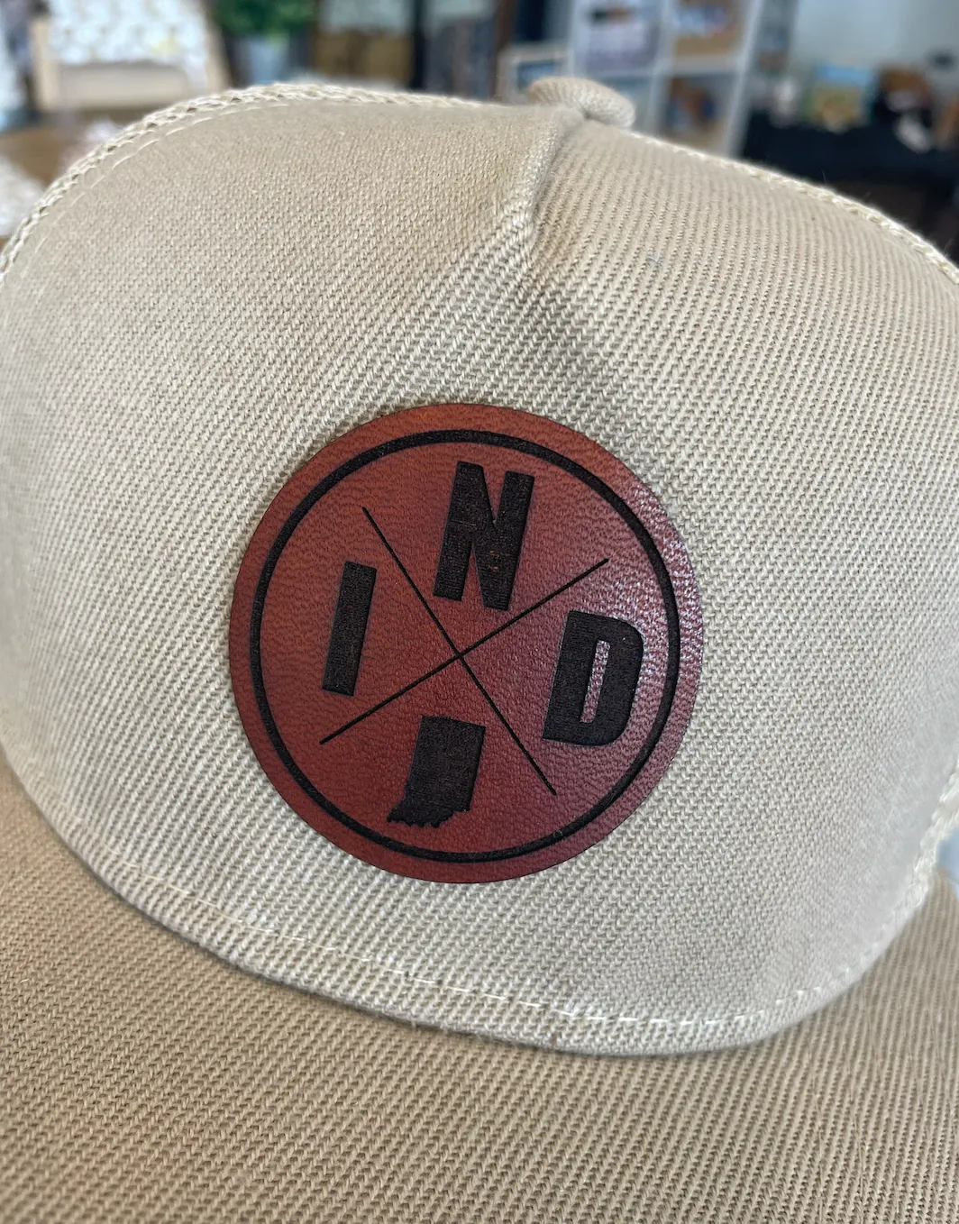 Left Grain - Indiana Patch Mesh Trucker Snapback Hat in Sand