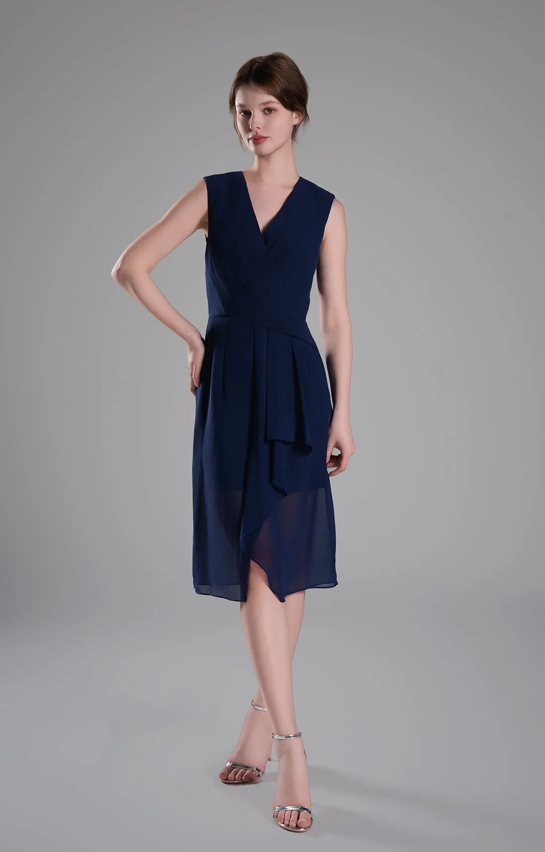 Sophisticated PleatedV-Neck Flared Hem Dress