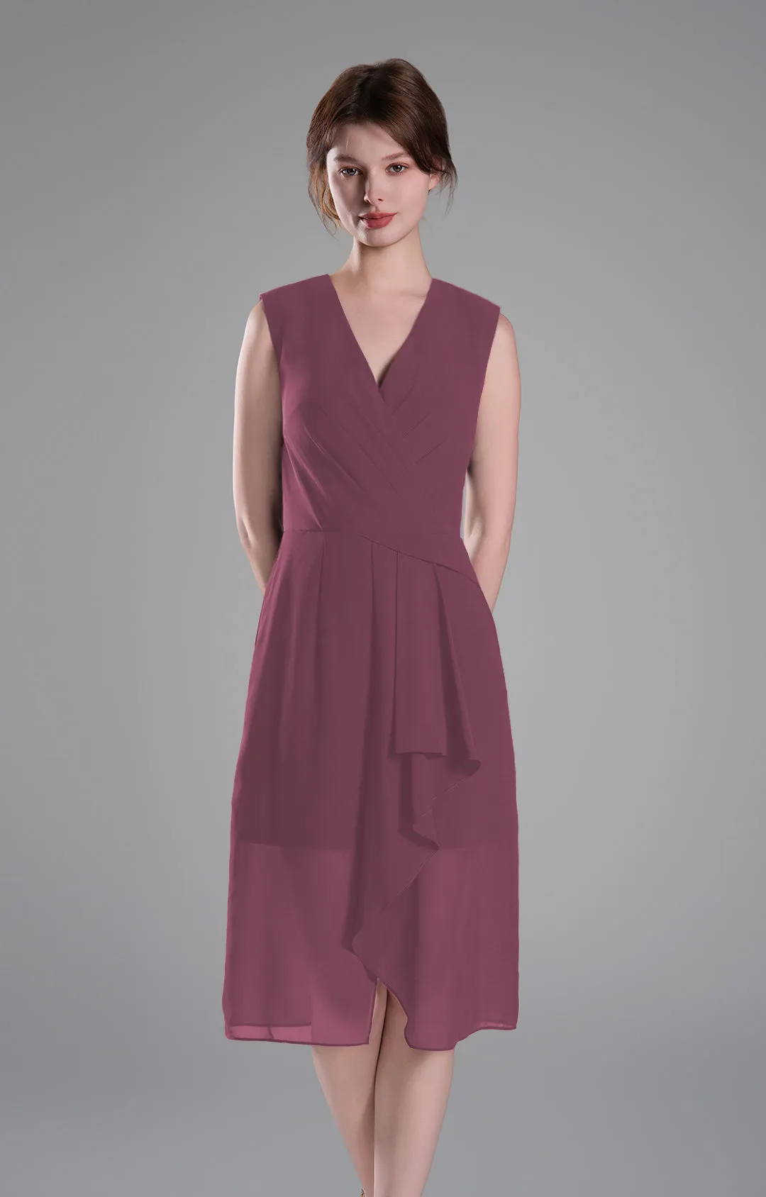 Sophisticated PleatedV-Neck Flared Hem Dress