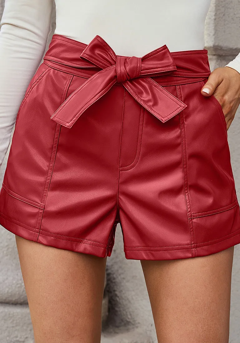 True Red Women's High Waist Wide Leg Stretch Belted Shorts PU Leather Pants
