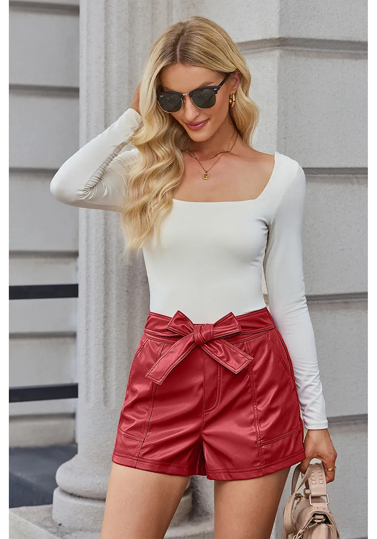 True Red Women's High Waist Wide Leg Stretch Belted Shorts PU Leather Pants