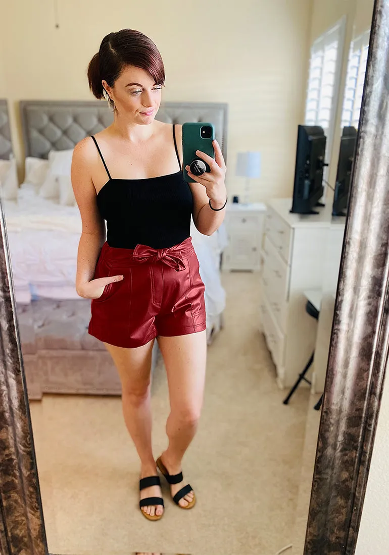 True Red Women's High Waist Wide Leg Stretch Belted Shorts PU Leather Pants