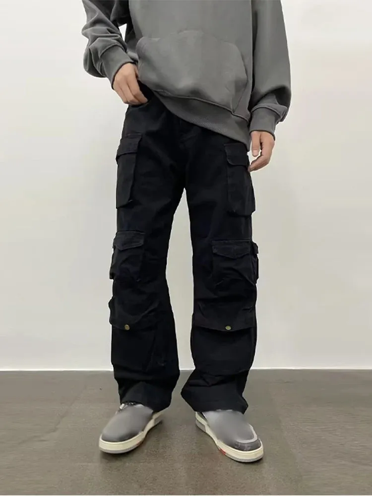 Wiaofellas  -   fall outfits Men's Multi Pocket Cargo Pants Casual Japanese Style Loose Straight Pants Spring Autumn High Quality Solid Button Trousers
