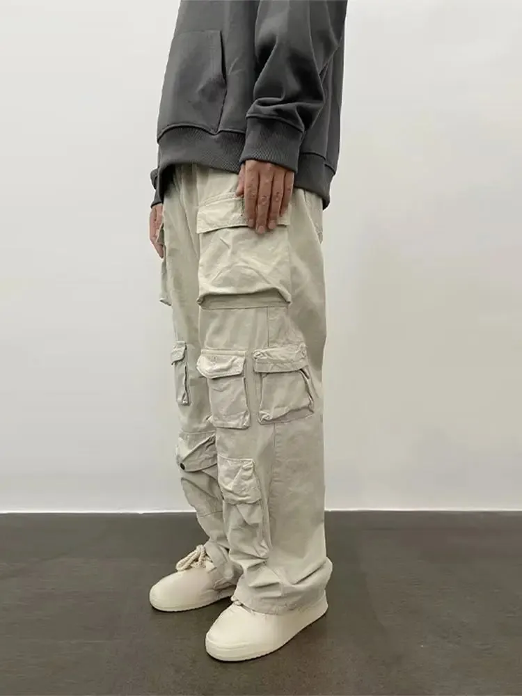 Wiaofellas  -   fall outfits Men's Multi Pocket Cargo Pants Casual Japanese Style Loose Straight Pants Spring Autumn High Quality Solid Button Trousers