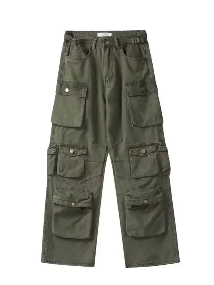 Wiaofellas  -   fall outfits Men's Multi Pocket Cargo Pants Casual Japanese Style Loose Straight Pants Spring Autumn High Quality Solid Button Trousers