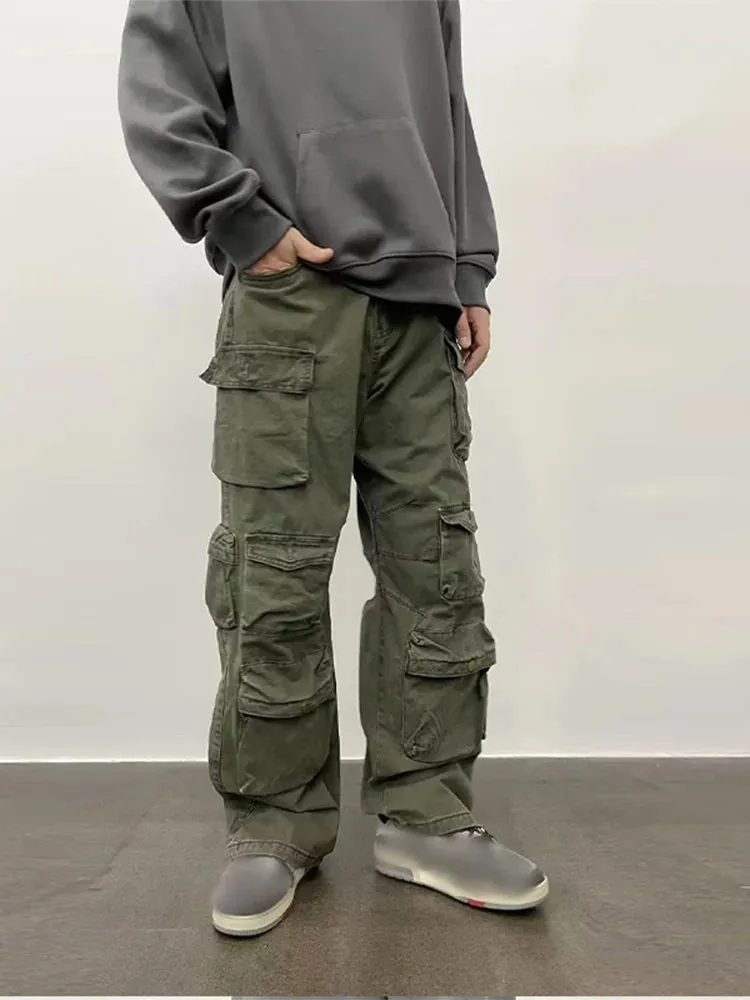Wiaofellas  -   fall outfits Men's Multi Pocket Cargo Pants Casual Japanese Style Loose Straight Pants Spring Autumn High Quality Solid Button Trousers