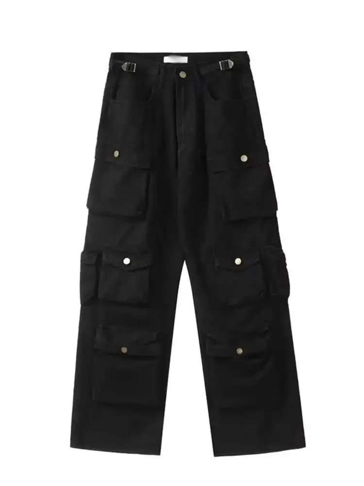 Wiaofellas  -   fall outfits Men's Multi Pocket Cargo Pants Casual Japanese Style Loose Straight Pants Spring Autumn High Quality Solid Button Trousers