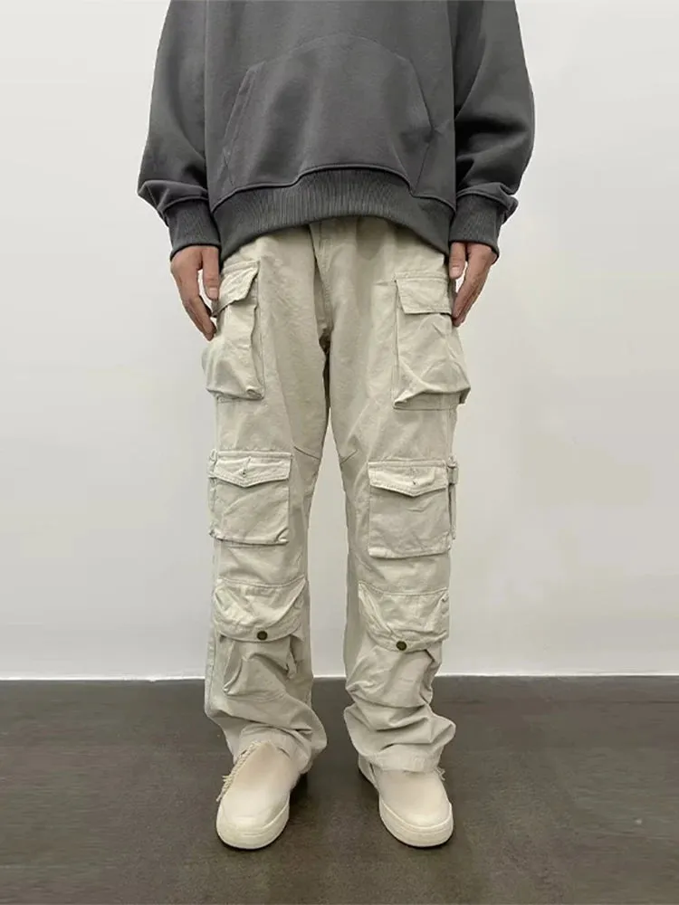 Wiaofellas  -   fall outfits Men's Multi Pocket Cargo Pants Casual Japanese Style Loose Straight Pants Spring Autumn High Quality Solid Button Trousers