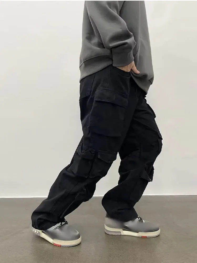 Wiaofellas  -   fall outfits Men's Multi Pocket Cargo Pants Casual Japanese Style Loose Straight Pants Spring Autumn High Quality Solid Button Trousers