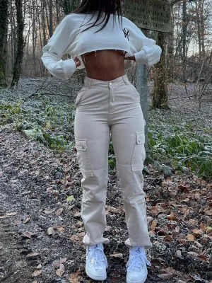 Womens Cargo Pants - High Waisted - Cotton Blend - Utility Pockets - Relaxed Fit