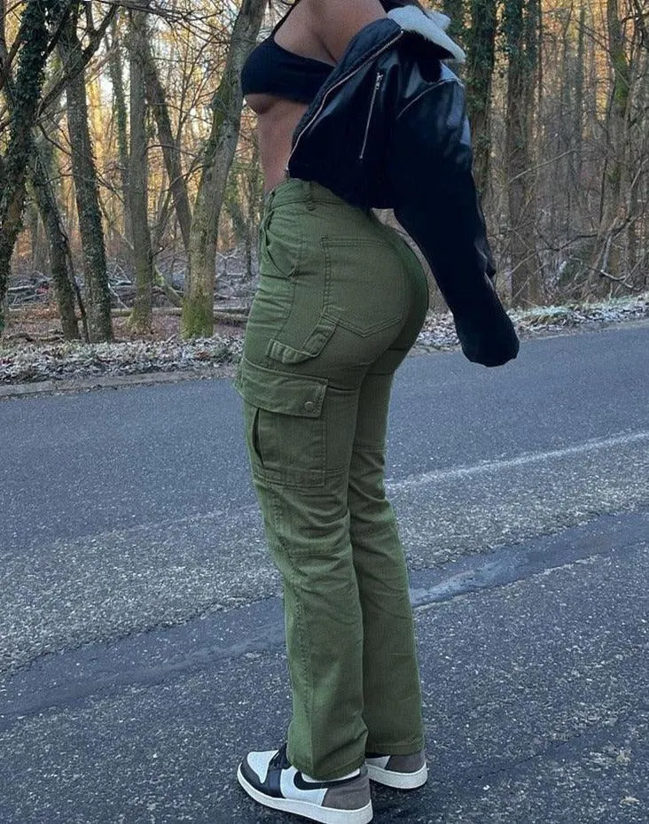 Womens Cargo Pants - High Waisted - Cotton Blend - Utility Pockets - Relaxed Fit
