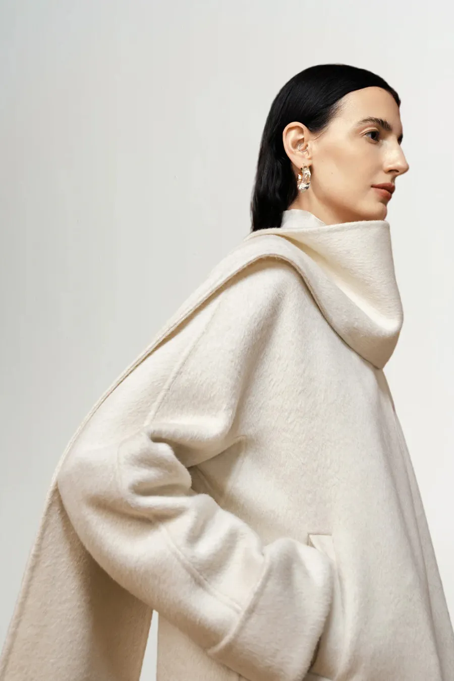 Wool Cropped Coat With Scarf Light Beige