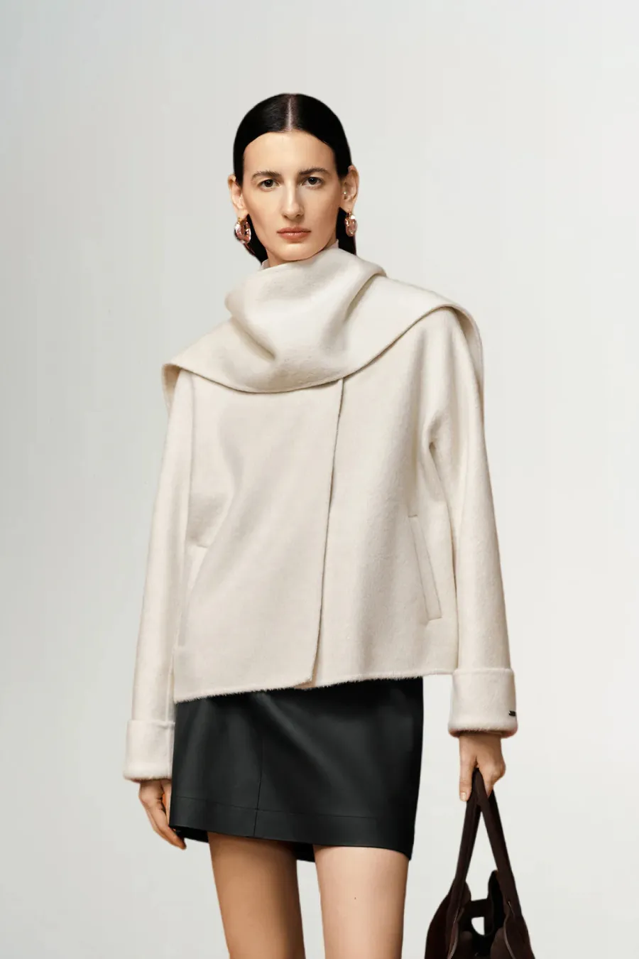 Wool Cropped Coat With Scarf Light Beige