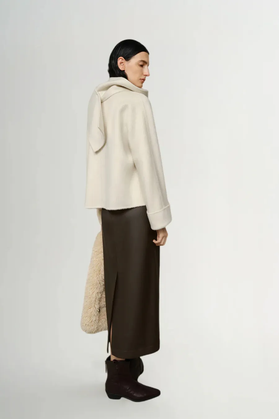 Wool Cropped Coat With Scarf Light Beige